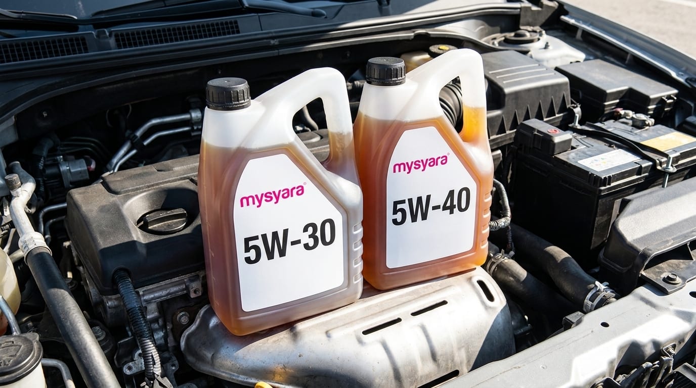 Two engine oil bottles side by side showing 5W-30 and 5W-40 grade labels, set against a car engine bay in bright sunlight