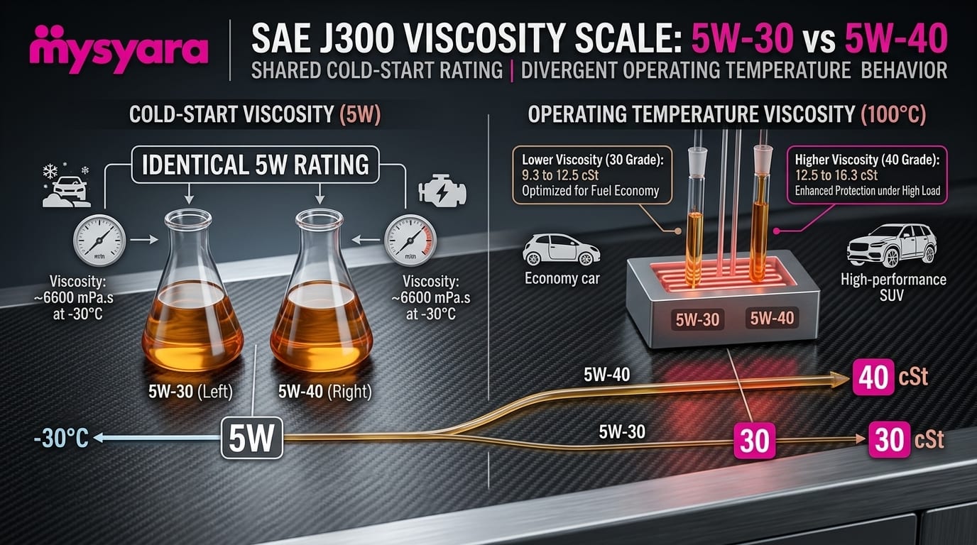 Diagram showing the SAE J300 viscosity scale: 5W-30 and 5W-40 sharing identical cold-start (5W) rating but differing at 100°C operating temperature