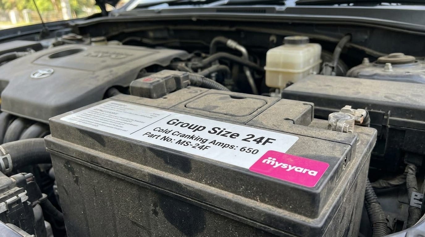 Close-up of a car battery label showing its printed size code, under an open car bonnet