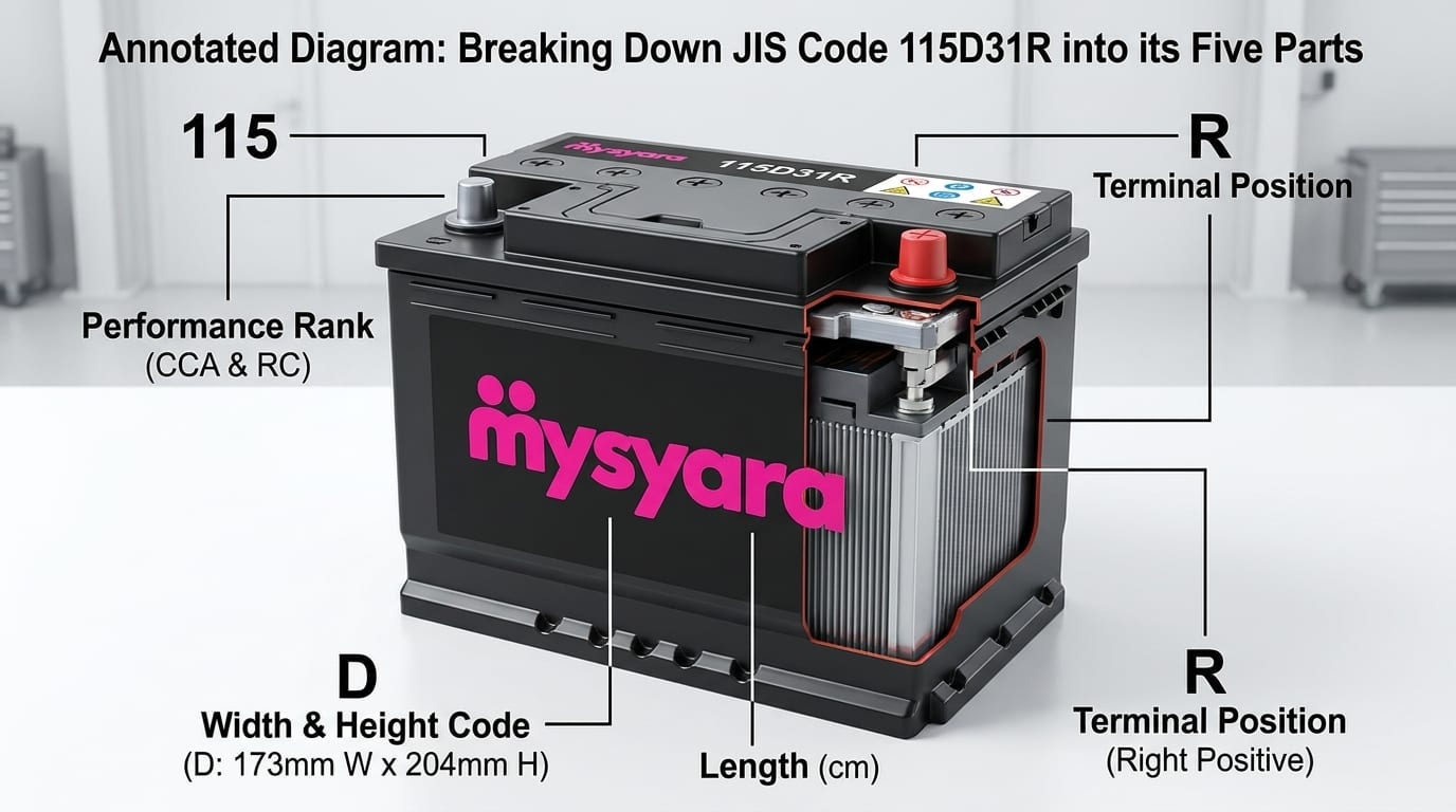 Annotated diagram breaking the JIS code 115D31R into its five parts