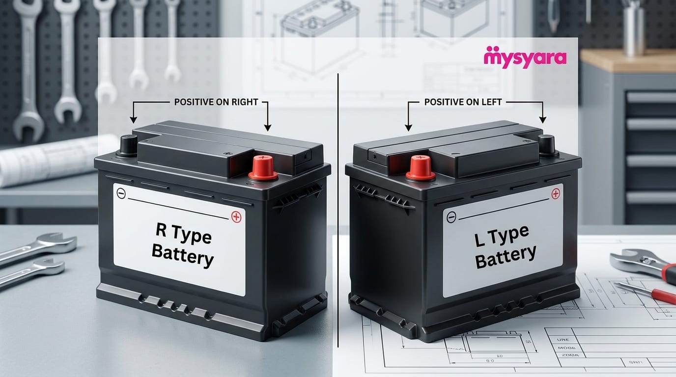 Diagram comparing an R and an L battery: positive terminal on the right versus the left short end