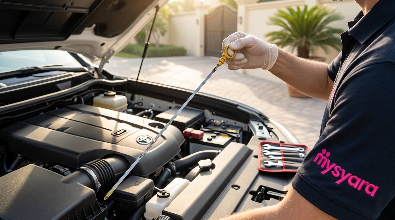 Hand pulling out the engine oil dipstick on a typical UAE-spec SUV with the bonnet open in a sunny car park