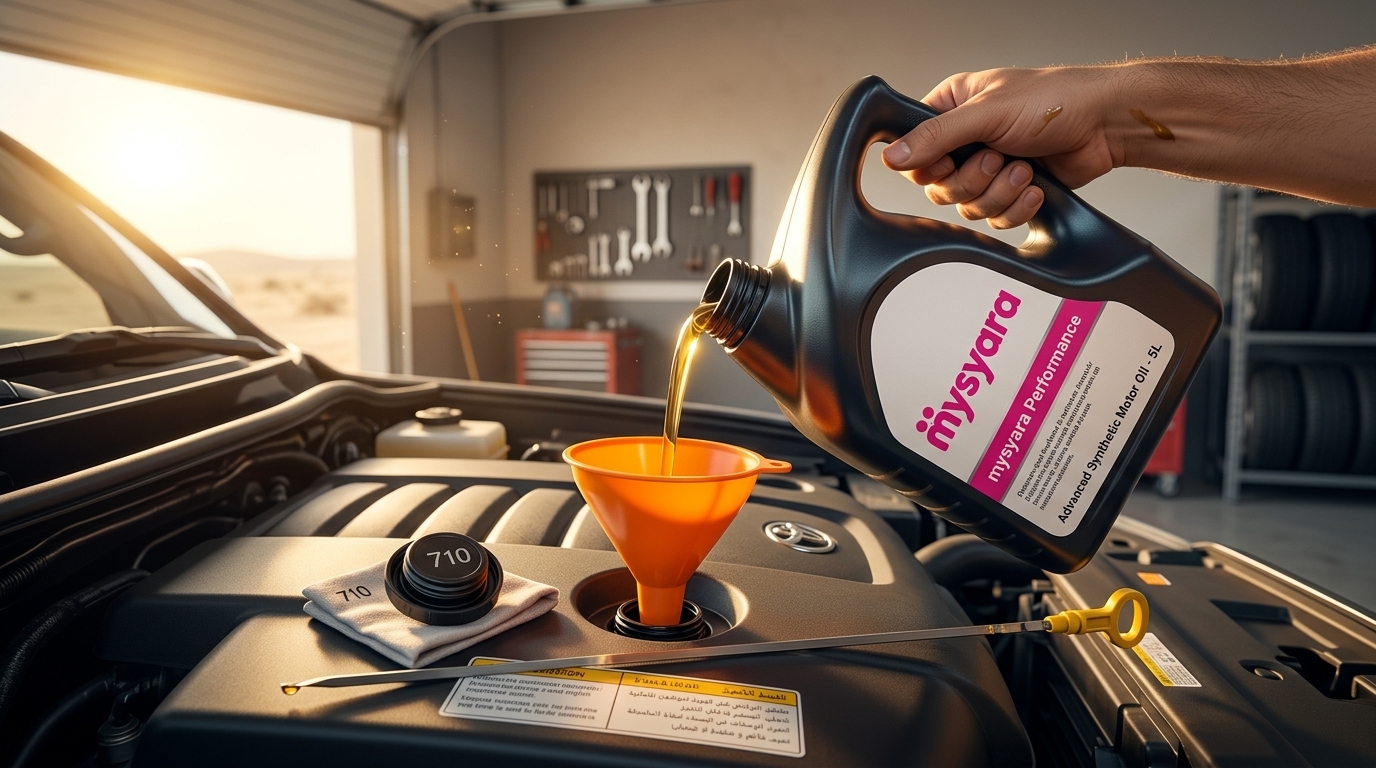 Hand unscrewing engine oil filler cap (oil-droplet symbol visible) on a car engine bay in UAE sunlight, bonnet propped open