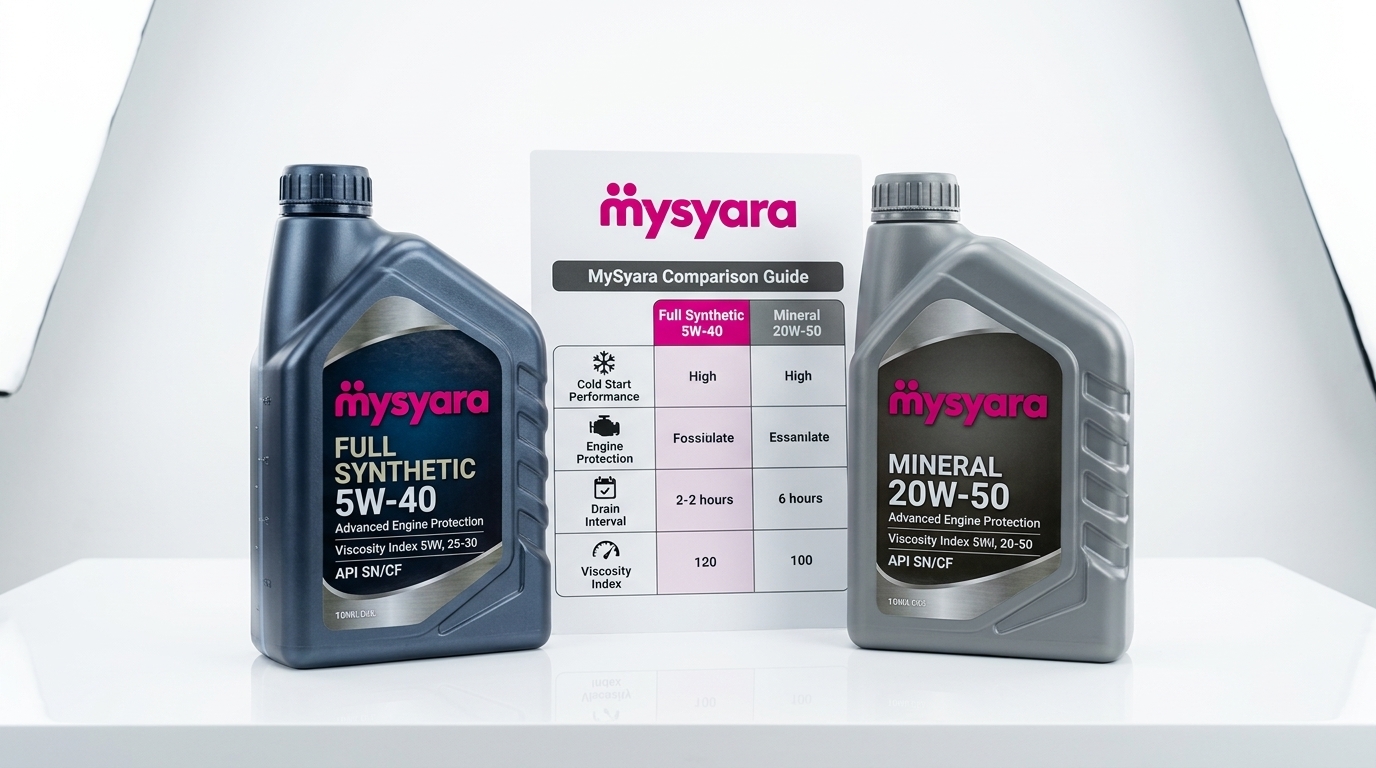 Three engine oil bottles side by side representing mineral, semi-synthetic and fully synthetic grades, on a workshop bench with a bright UAE sun-lit engine bay in the background